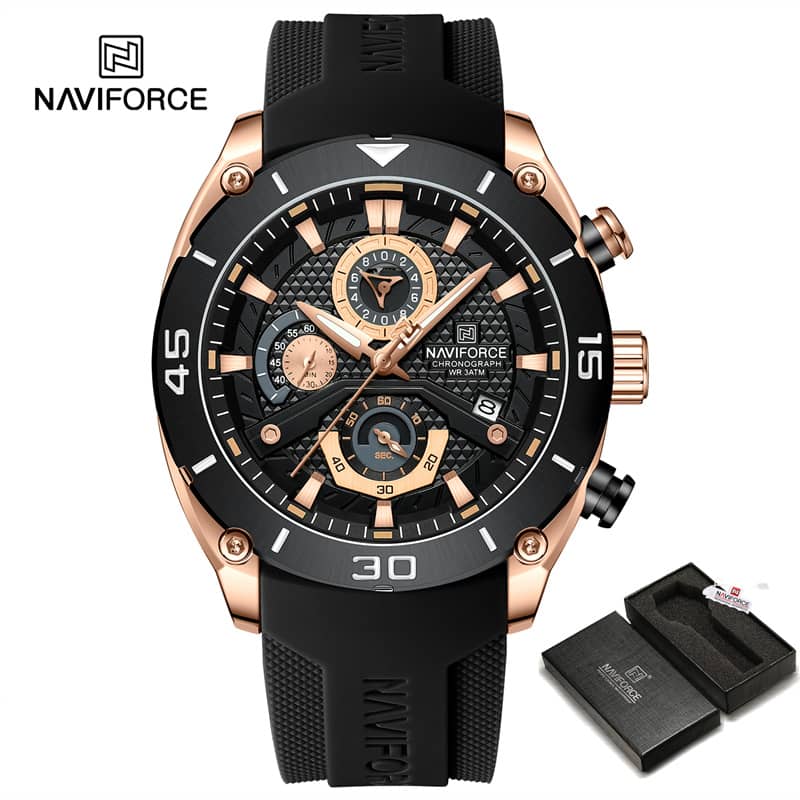 Naviforce NF 8038 Men’s Silicon Sports Watch in Black and Gold - Stylish and Durable Design