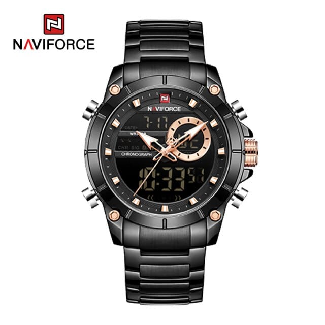 Naviforce NF9163 Men’s Black Watch – Dual Movement, Quartz + LED Display, Chronograph, Water-Resistant, Luminous Dial, Stainless Steel Strap.