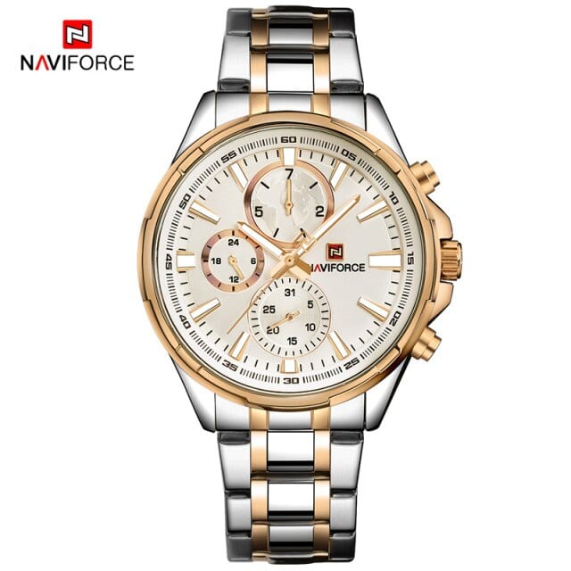 Naviforce NF9089 Stainless Steel Dual Time Watch for Men - Silver & Rose, 30m Water Resistant