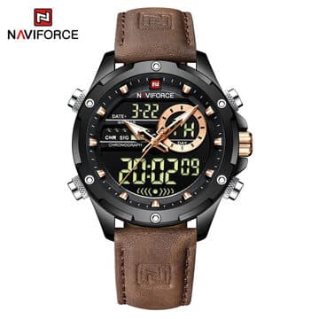 Naviforce NF 9208 Brown Leather Men’s Watch with Dual Display and Quartz Movement – Stylish Casual and Fashion Timepiece for Men